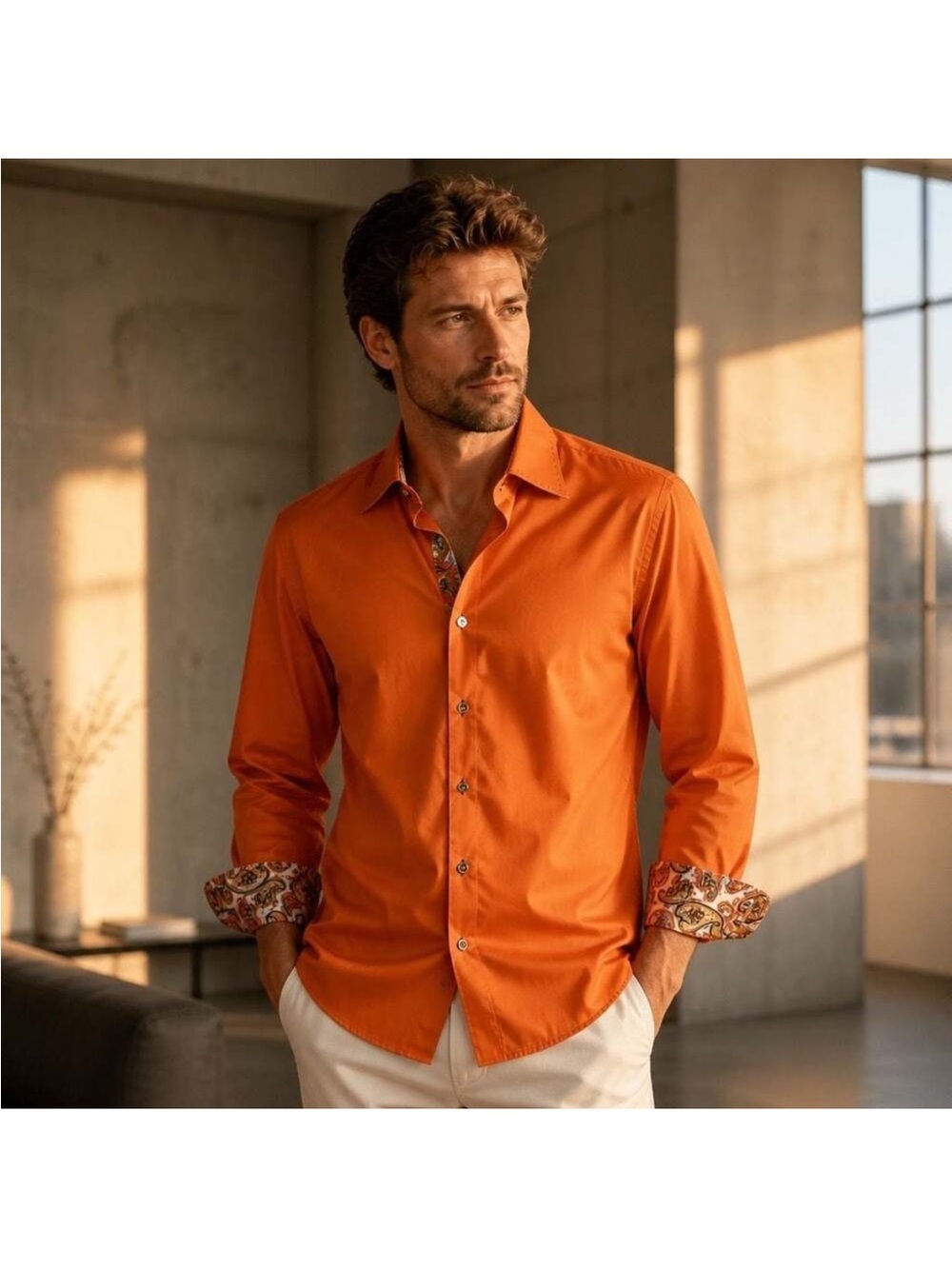 Jared Lang Men's Medium Bright Orange Button-Down Shirt with PLAID Cuff Trim